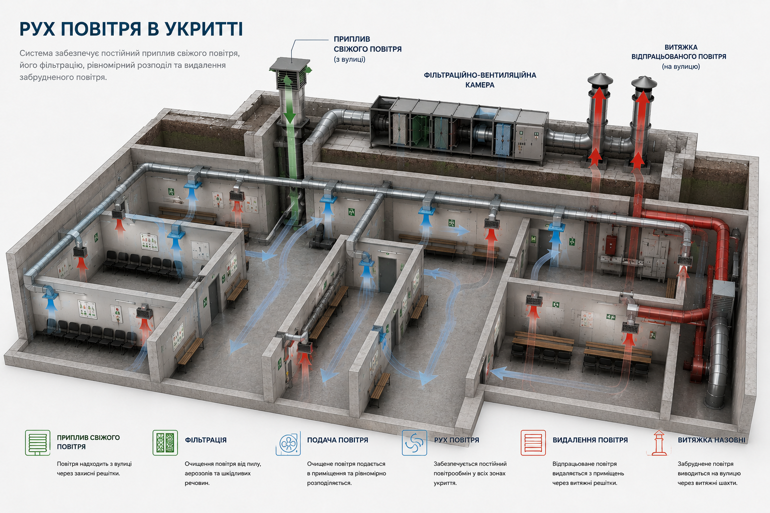 Схема руху повітря в укритті