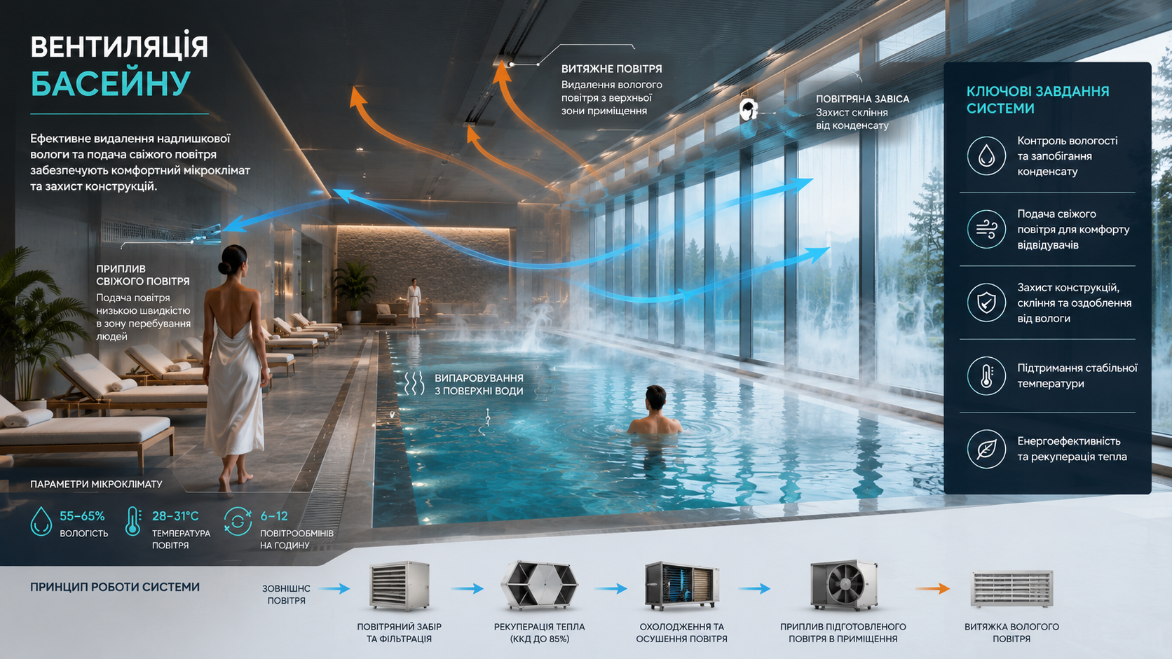 Панорамний басейн сучасного SPA-комплексу без конденсату