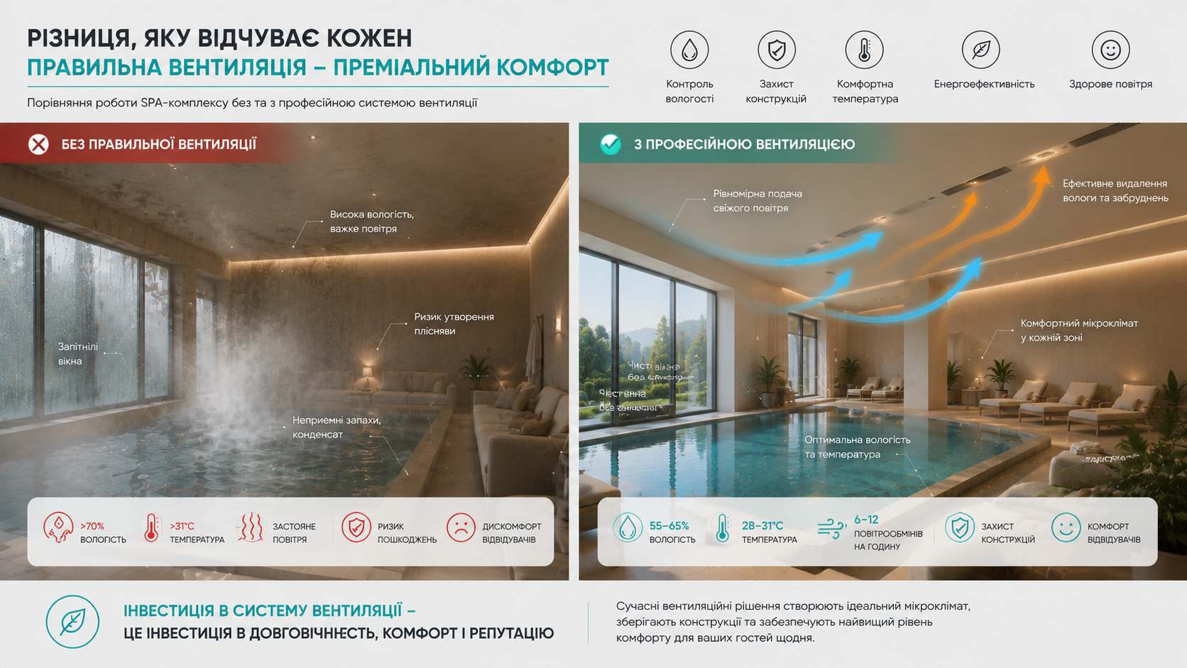 Порівняння: басейн із запітнілими вікнами та ідеальним мікрокліматом